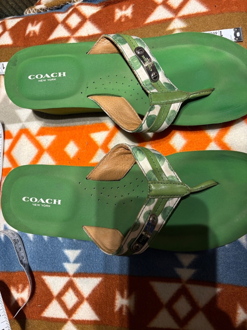 Coach Green Leather Thong Wedge Sandals - Picture 3 of 6